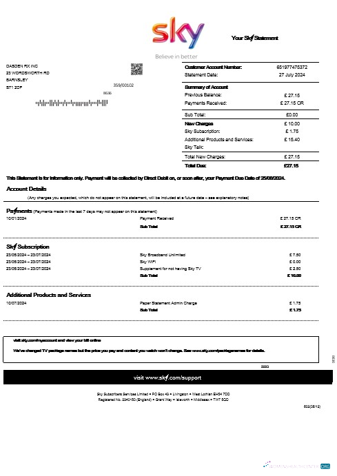 United Kingdom Sky business utility bill statement template in Word and PDF formats